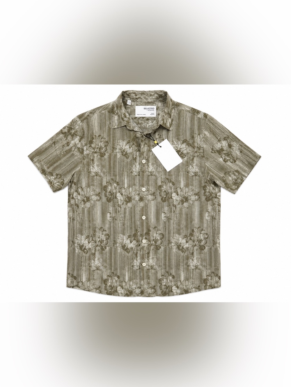 Selected Homme Men’s Olive Abstract Floral Button Front Shirt Size 15.75/M NWT - Picture 2 of 6